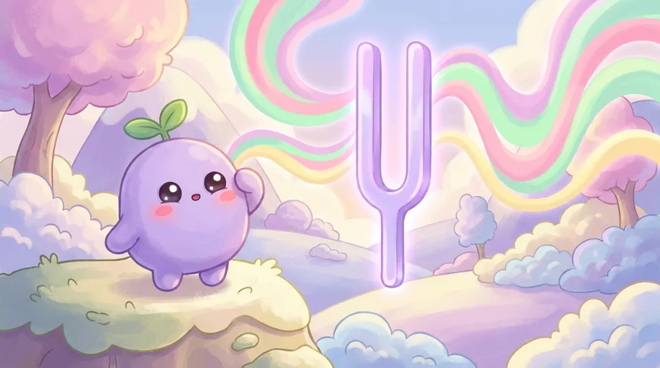 A glowing tuning fork and pastel sound waves, the dreamling listening with a hand by its ear