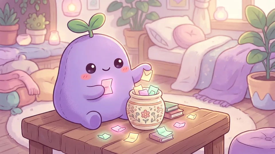 The dreamling pulling glowing folded paper slips out of a cute jar