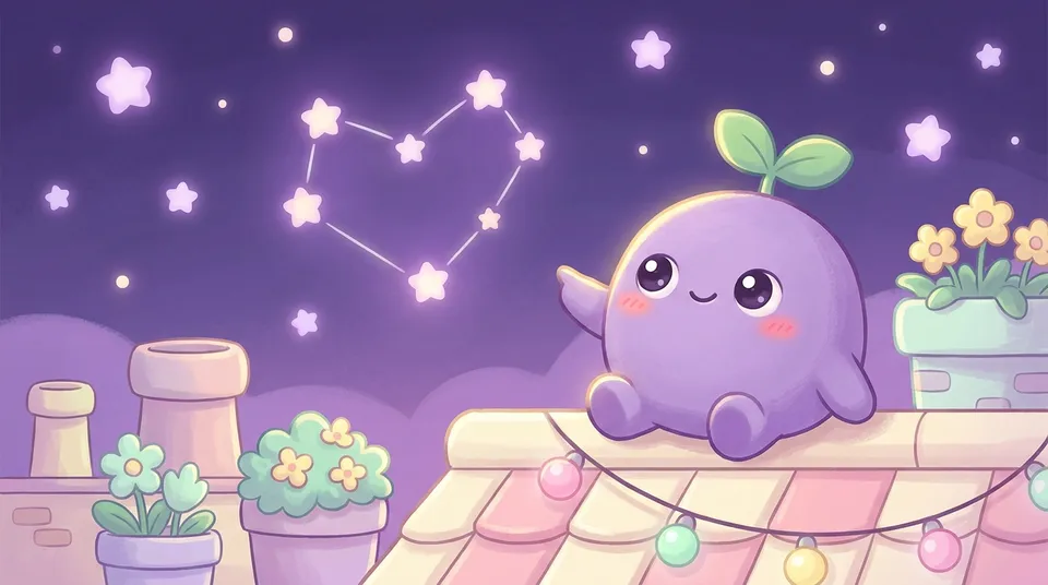 The dreamling on a rooftop pointing at stars joined into a heart