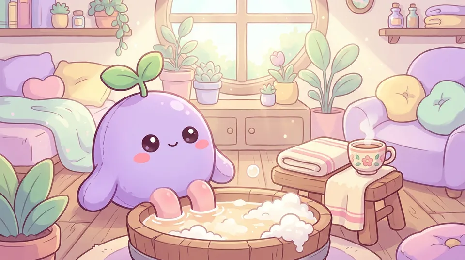 The dreamling soaking its tiny feet in warm bubbly water with a towel and tea