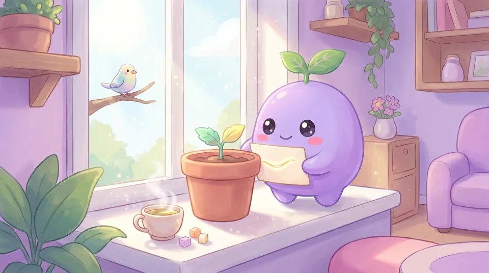 The dreamling placing a card against a potted sprout on a sunny windowsill