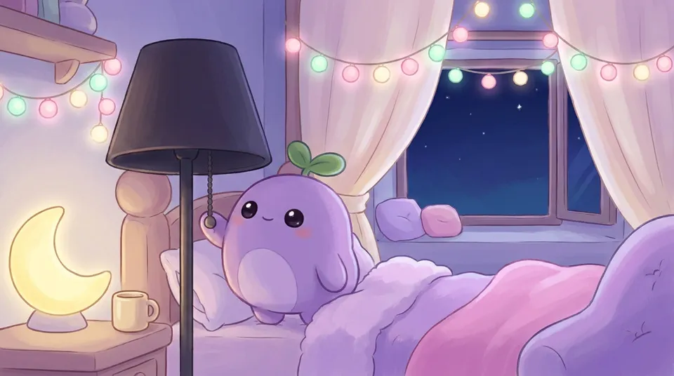 The dreamling switching off a lamp, fairy lights and a moon night-light still glowing