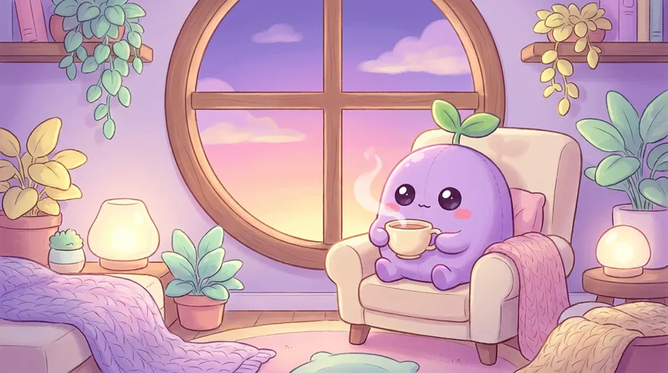 The dreamling by a round window with tea, calmly watching the evening come