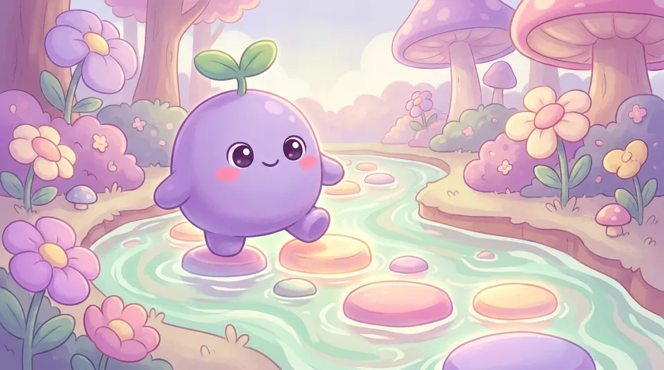 The dreamling taking one careful step onto the first glowing stepping stone across a stream