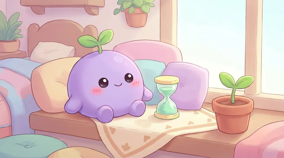 The dreamling relaxed beside a small sand timer while a sprout grows in a pot