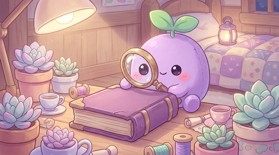 The dreamling examining a big closed book with a magnifying glass