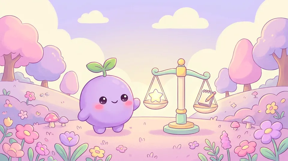 A pastel balance scale with a glowing star on one side and a notebook and pencil on the other, the dreamling beside it