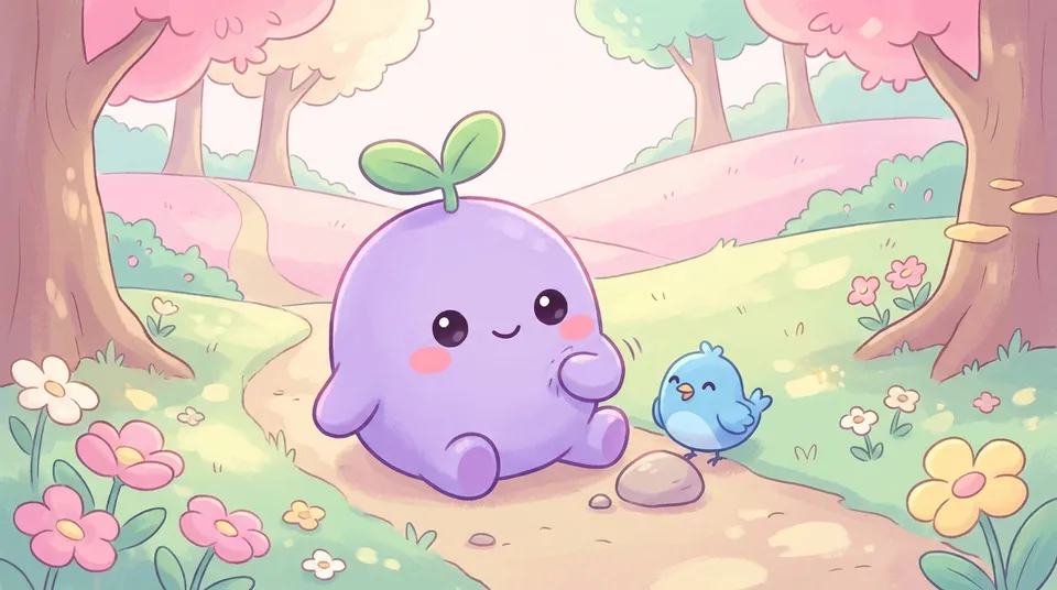 The dreamling sitting by a small pebble it tripped on, brushing itself off and smiling, a blue bird beside it
