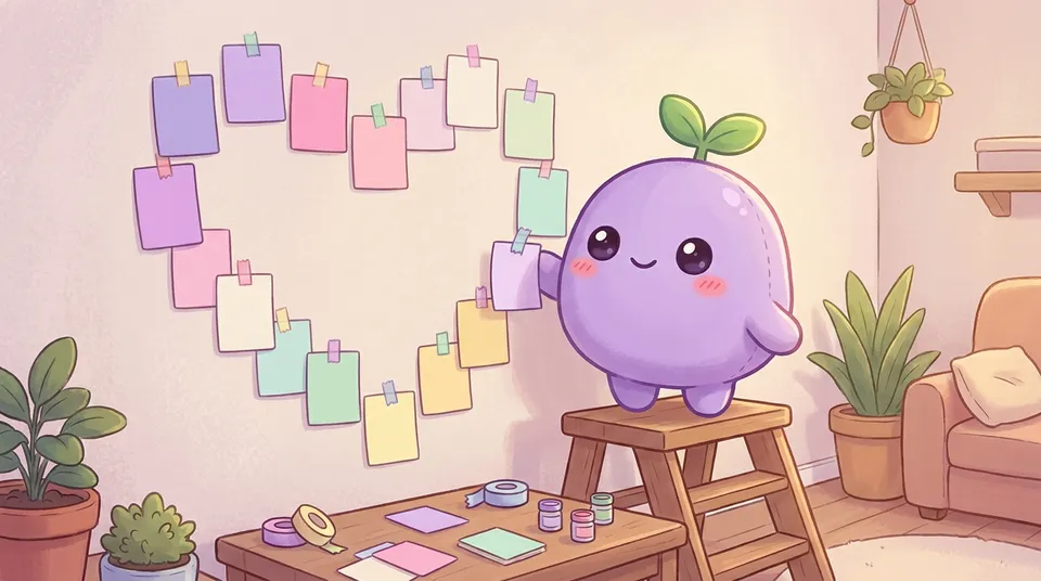 The dreamling arranging small pastel cards on a wall in the shape of a heart