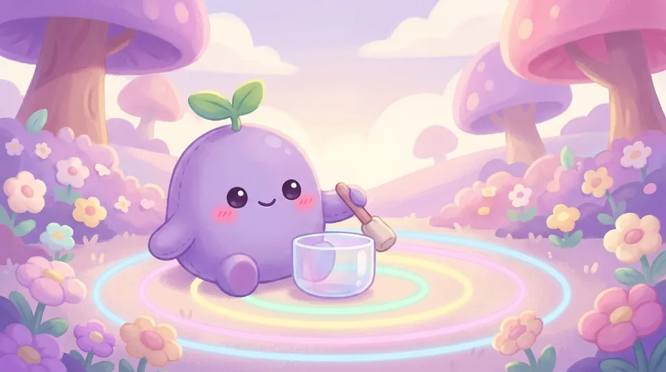 The dreamling tapping a crystal singing bowl, pastel rings spreading out