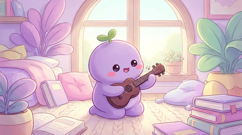 The dreamling tuning a tiny ukulele with its ear close