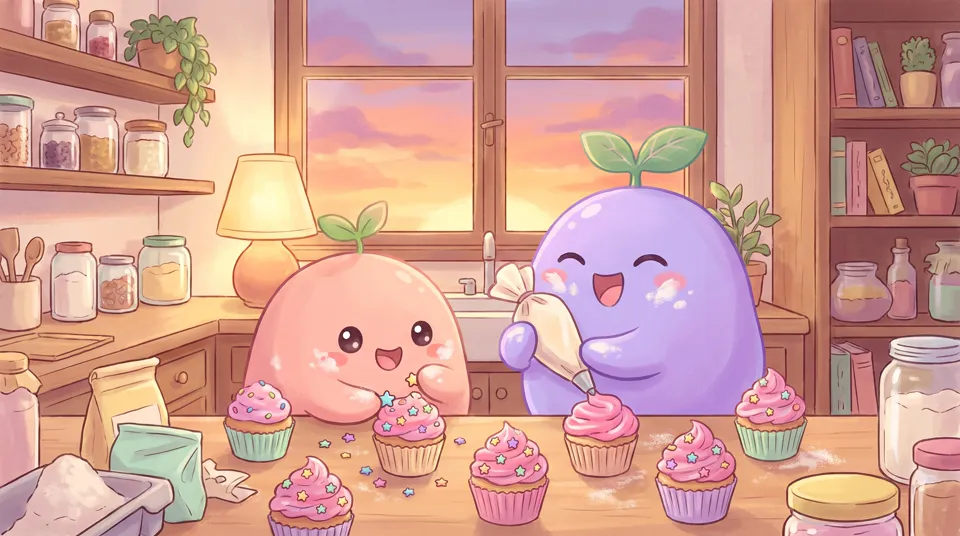 Two dreamlings baking cupcakes together with flour on their cheeks