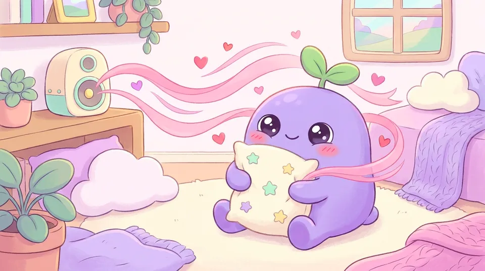 Pink sound ribbons with small hearts flowing toward the dreamling hugging a pillow