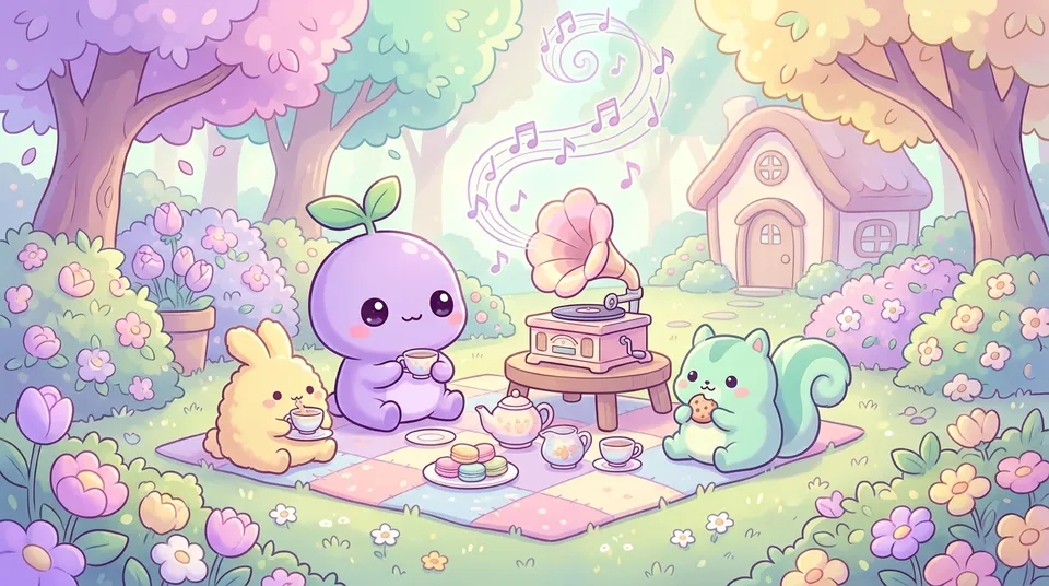 The dreamling and two friends sharing tea beside a gramophone in a garden