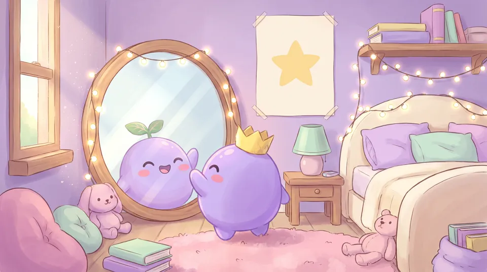 The dreamling in front of a mirror wearing a crown