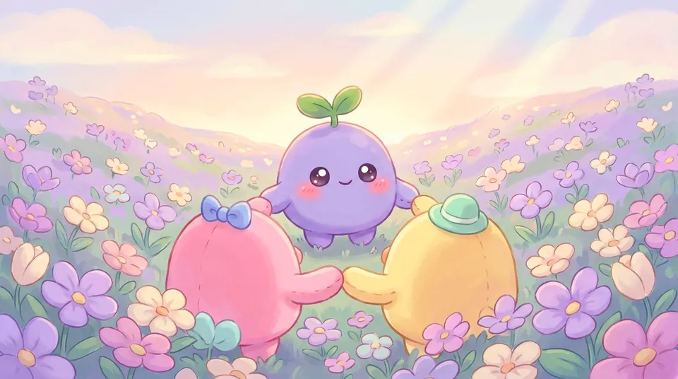 The dreamling and two friends dancing in a circle in a flower field
