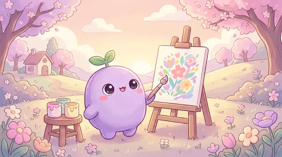 The dreamling painting at an easel, three paint pots on the stool