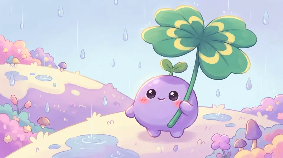 The dreamling holding a big four-leaf clover like an umbrella in gentle rain