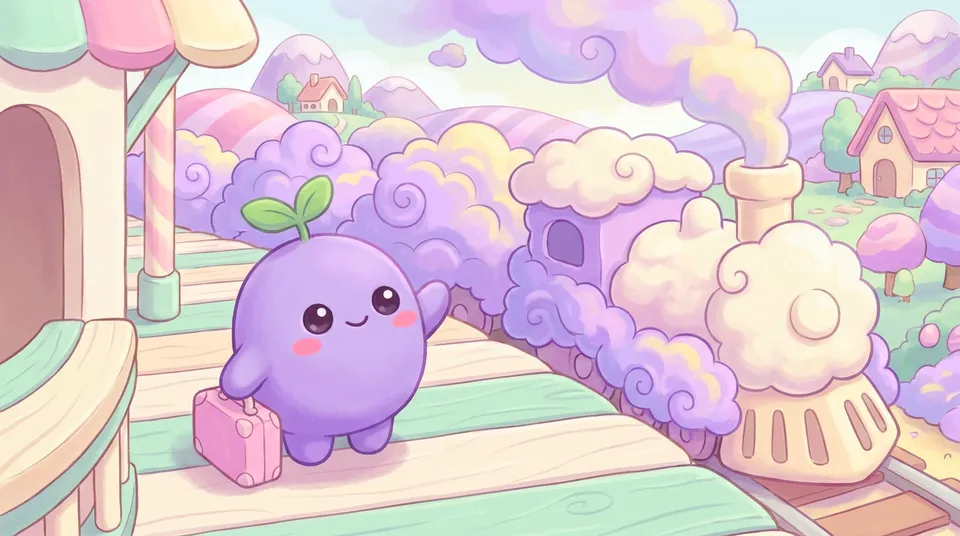 The dreamling with a suitcase on a cute platform as a train of clouds arrives