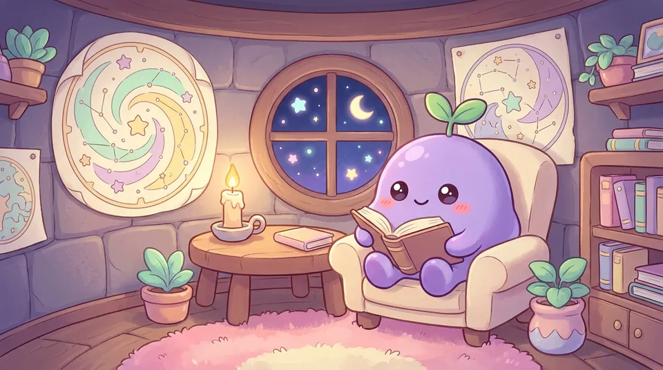 The dreamling reading by candlelight in a tiny tower room with star charts