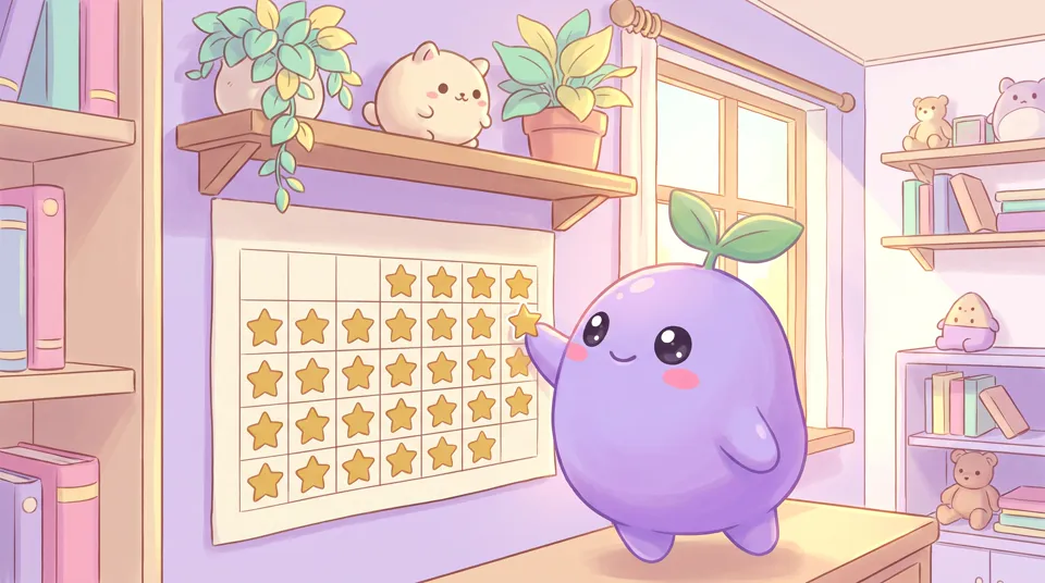 The dreamling sticking a gold star onto a wall calendar full of stars