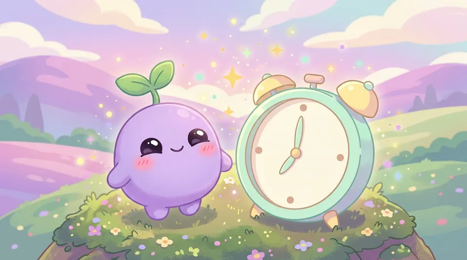 The dreamling making a wish beside a round clock with no numbers, sparkles rising