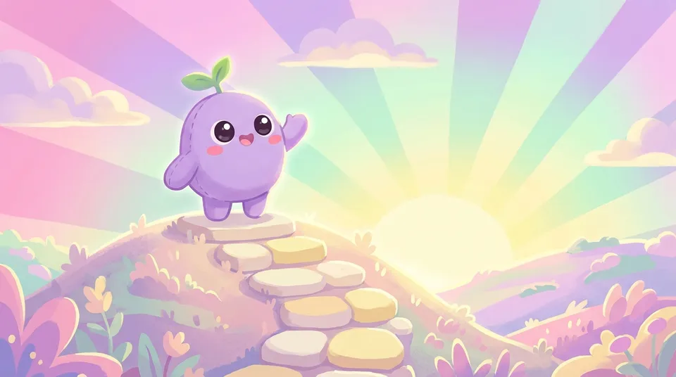 The dreamling waving at the top of a small staircase at sunrise
