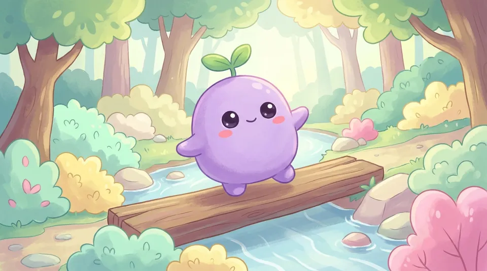 The dreamling balancing on a beam across a stream, arms out
