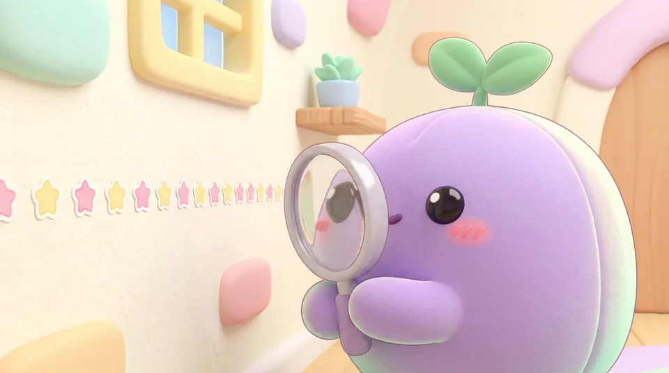 The dreamling with a magnifying glass looking at a row of identical star stickers