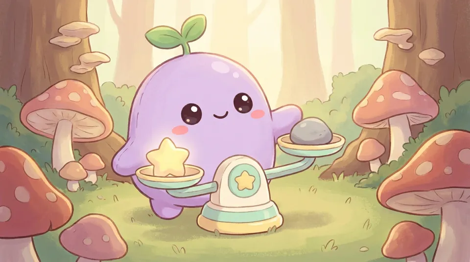 The dreamling weighing a glowing star and a plain pebble on a pastel scale