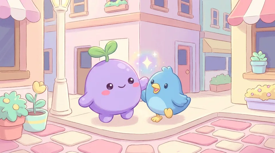 The dreamling bumping into a blue bird friend at a street corner, both surprised