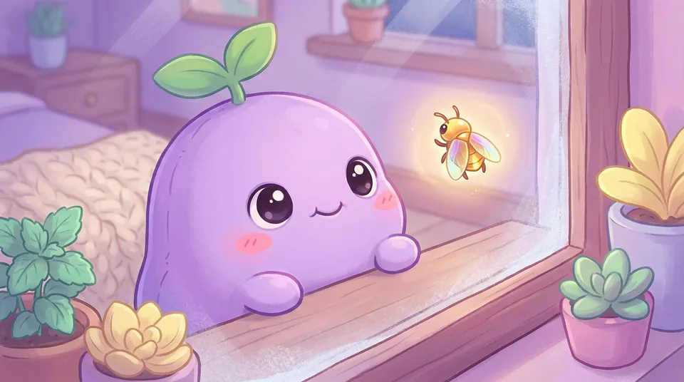 A glowing golden beetle on a window, the dreamling looking at it in wonder