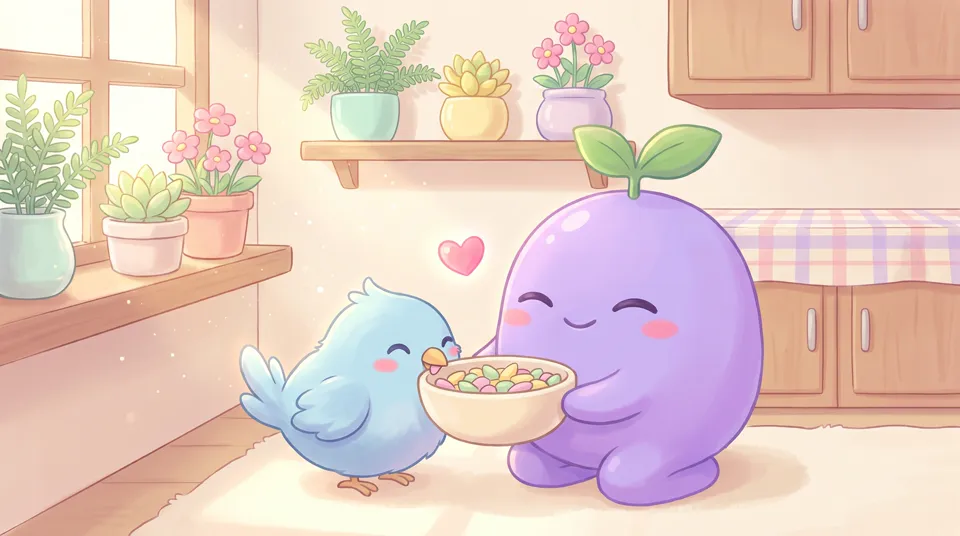 The dreamling holding a bowl of seeds for a small blue bird