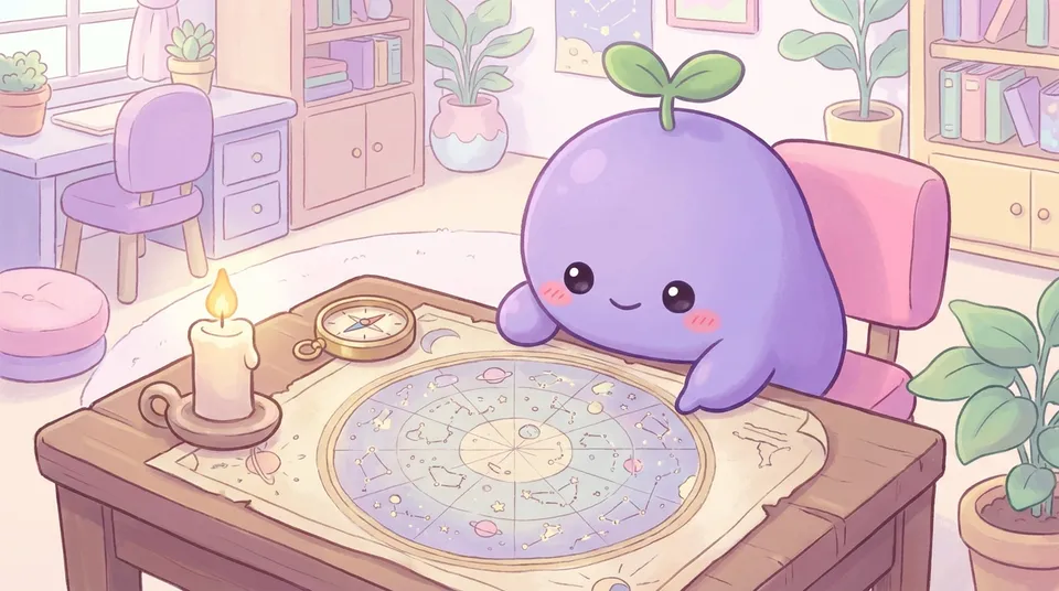 The dreamling studying a round star map with a compass and a candle