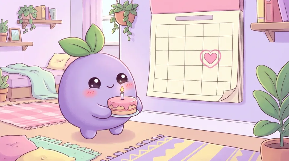 The dreamling holding a small birthday cake beside a calendar with one day circled