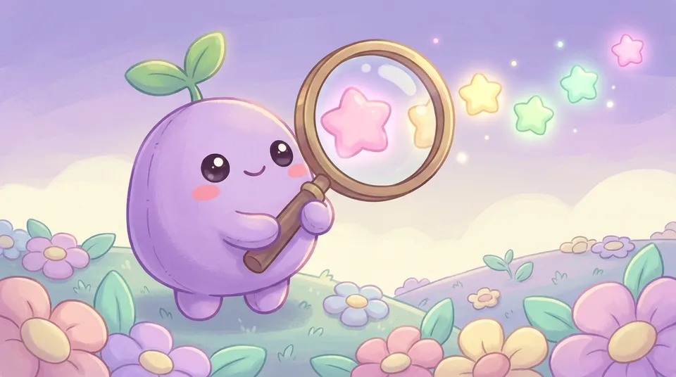 The dreamling looking through a big magnifying glass at a row of glowing stars