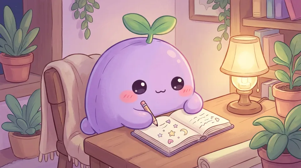 The dreamling writing small stars, moons and hearts into a notebook by lamplight