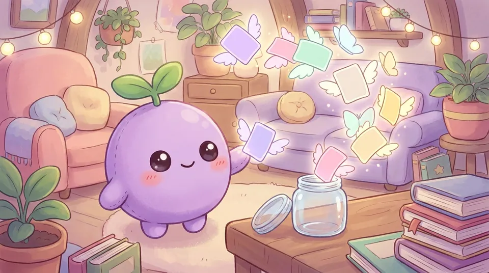 Glowing pastel cards flying out of a jar like butterflies as the dreamling catches one