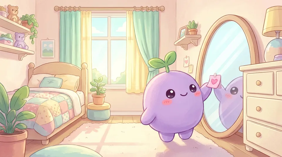 The dreamling sticking a small heart note on a round mirror