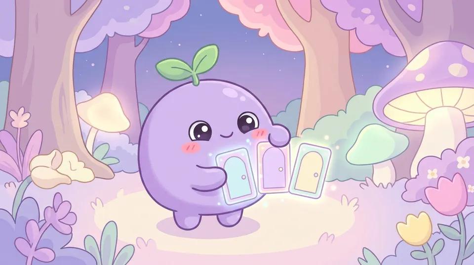 The dreamling holding up three small glowing door-shaped cards, choosing one