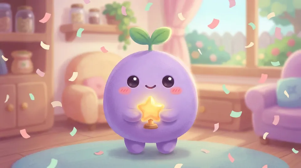 The dreamling holding a small glowing star trophy as confetti falls
