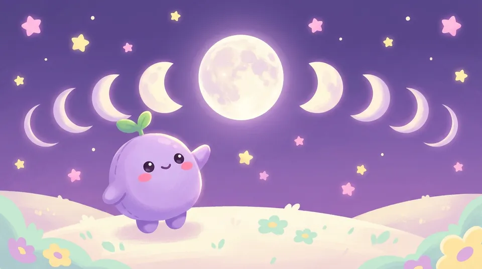 The phases of the moon in an arc across the night sky, the dreamling pointing at the full moon