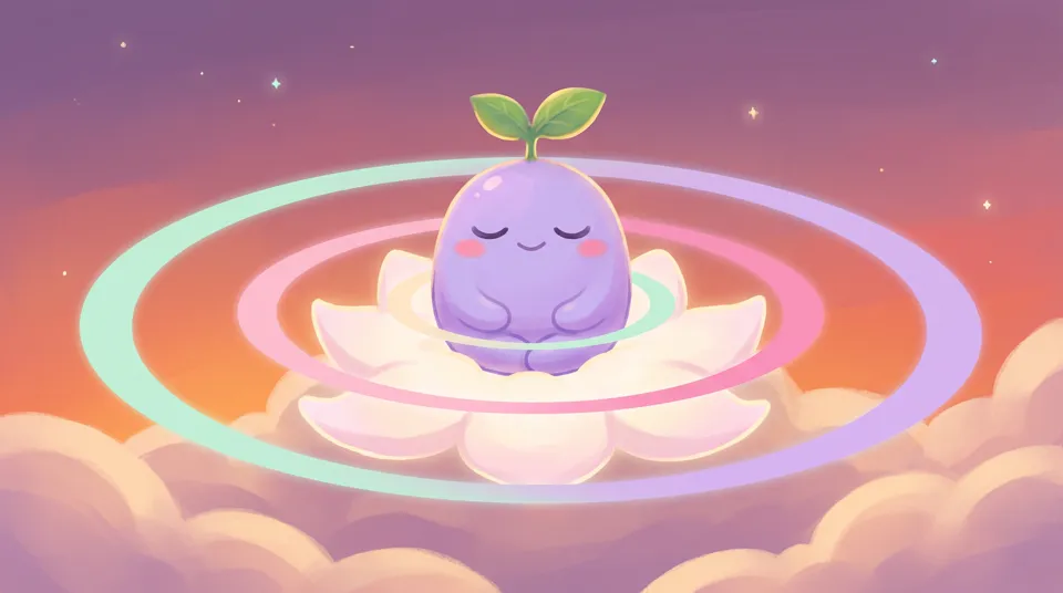 The dreamling breathing slowly on a lotus cloud with soft rings of air around it