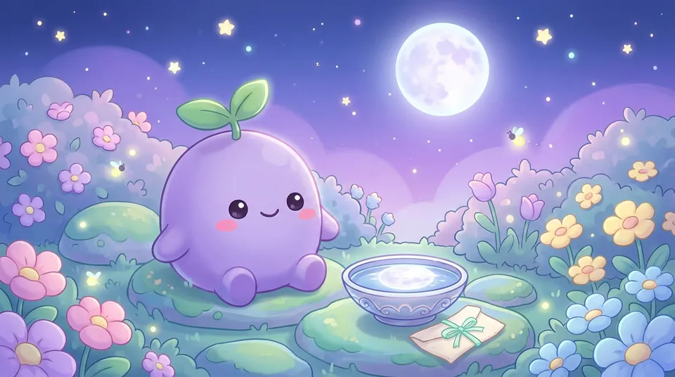 The dreamling in a moonlit garden with a bowl of water reflecting the full moon and a folded note