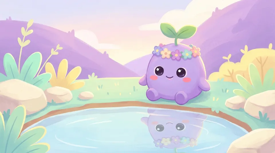 The dreamling in a flower crown smiling at its reflection in a pond