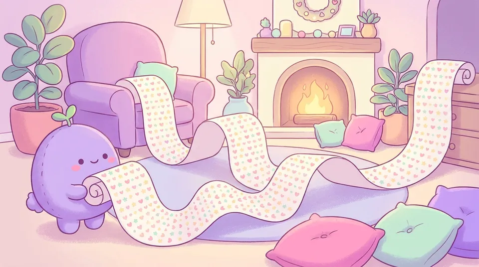 The dreamling unrolling a very long scroll of little hearts and stars across a cozy room