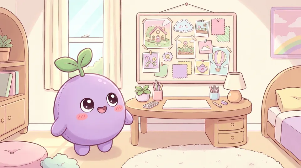 The dreamling proudly looking at a finished pastel vision board above a desk