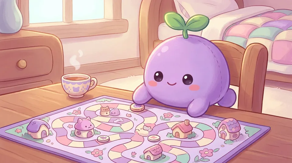 The dreamling moving a token across a cute board game with a teacup nearby