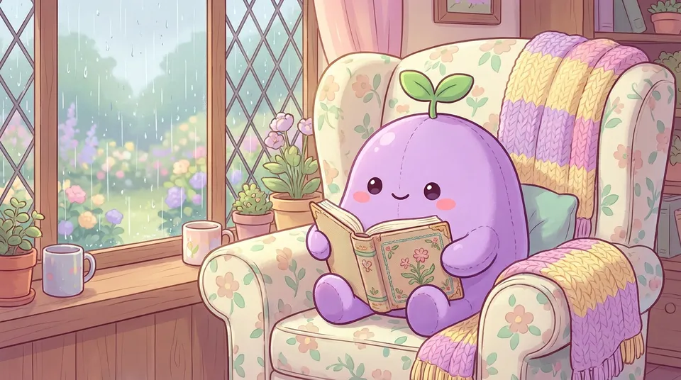 The dreamling reading an old cloth-bound book in an armchair by a rainy window