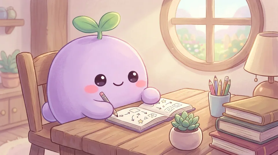 The dreamling writing a tidy plan in a notebook, a small plant growing beside it